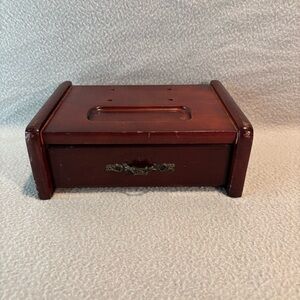 Vtg. Wooden Jewelry Box with Velvet-Lined Single Drawer with Decorative Handle